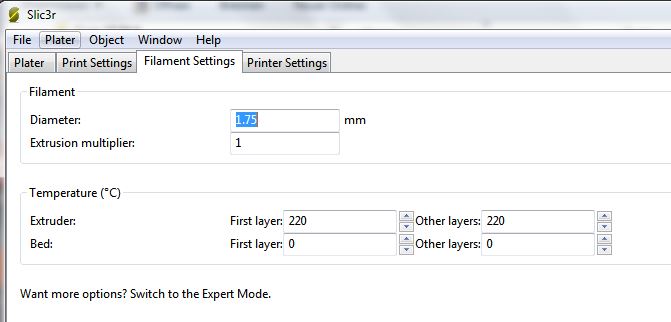 Filament Daten in slic3r