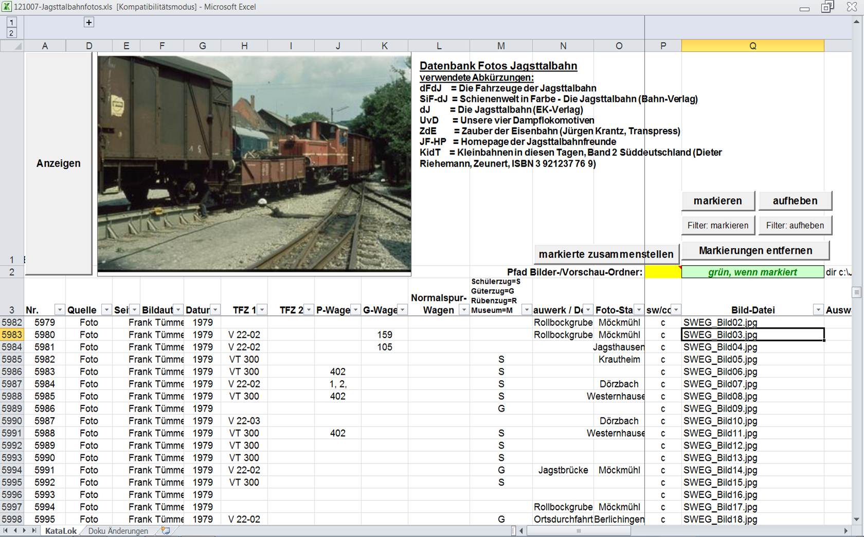 Screenshot der Excel Foto-Datenbank